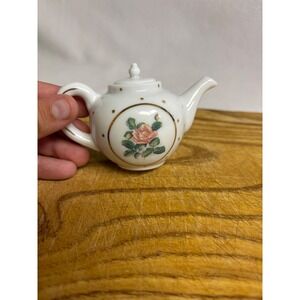 Cottagecore White Pink Rose Gold Dot Miniature Teapot Shabbychic Victorian